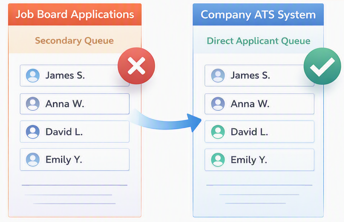 Comparison of direct ATS applications versus generic job board queues